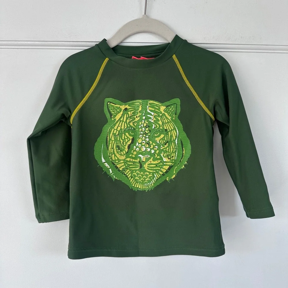 Sunuva Boys Green Tiger Graphic Long Sleeve Rash Guard Swim Shirt Size 1-2 Years